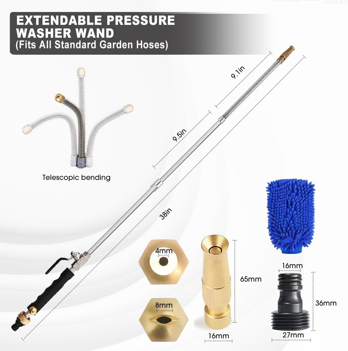 39" High Pressure Power Washer Wand for Garden Hose, Flexible Jet Nozzle Sprayer with 3 Spray Tips, Gutter Cleaner & Car Wash Hose Attachment (Blue)