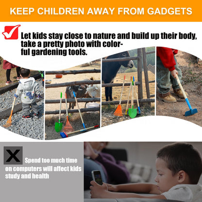 Kids Shovel, Rake for Leaves, Spade, Hoe and Broom, 5Pcs Kids Garden Tools, Gardening Yard Outdoor Toy Gifts for Boys Girls Age 3 4 5 6 7 8 Years Old