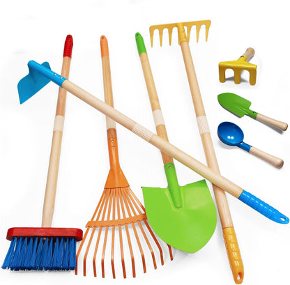 Kids Shovel, Rake for Leaves, Spade, Hoe and Broom, 5Pcs Kids Garden Tools, Gardening Yard Outdoor Toy Gifts for Boys Girls Age 3 4 5 6 7 8 Years Old