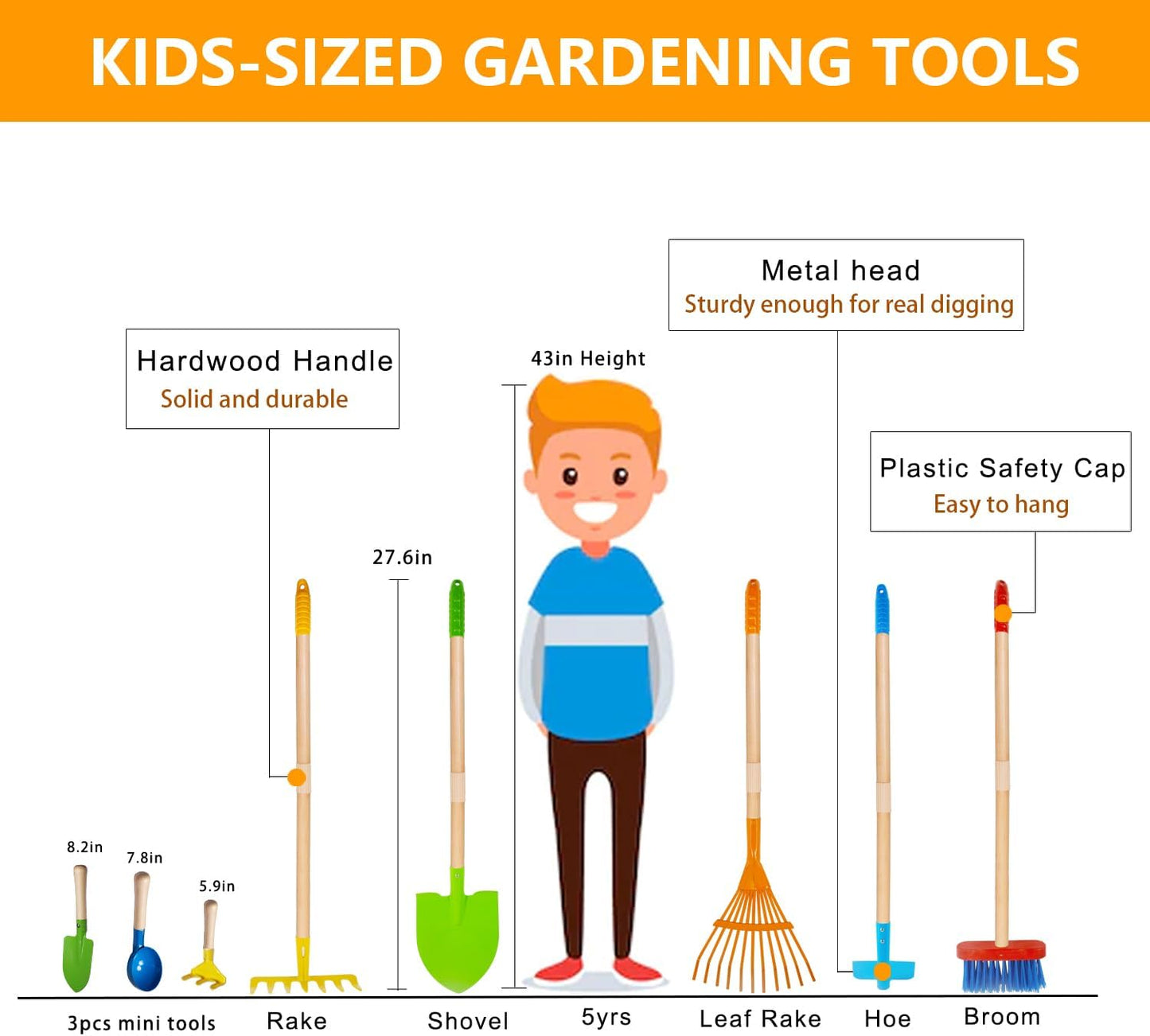 Kids Shovel, Rake for Leaves, Spade, Hoe and Broom, 5Pcs Kids Garden Tools, Gardening Yard Outdoor Toy Gifts for Boys Girls Age 3 4 5 6 7 8 Years Old