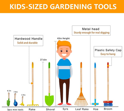Kids Shovel, Rake for Leaves, Spade, Hoe and Broom, 5Pcs Kids Garden Tools, Gardening Yard Outdoor Toy Gifts for Boys Girls Age 3 4 5 6 7 8 Years Old