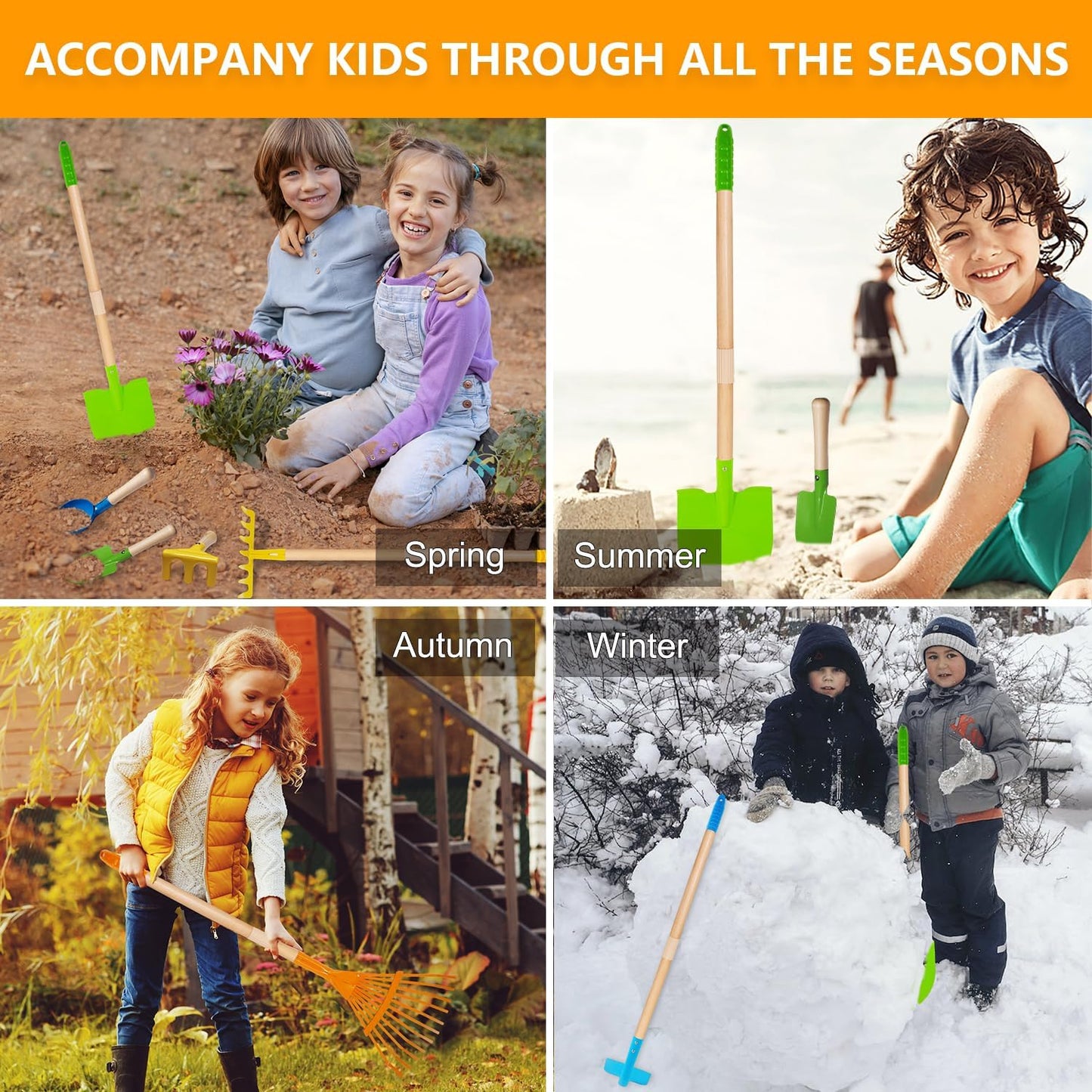 Kids Shovel, Rake for Leaves, Spade, Hoe and Broom, 5Pcs Kids Garden Tools, Gardening Yard Outdoor Toy Gifts for Boys Girls Age 3 4 5 6 7 8 Years Old