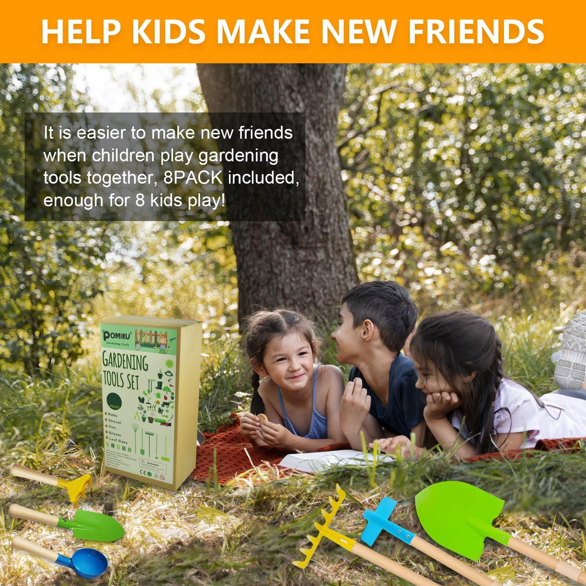 Kids Shovel, Rake for Leaves, Spade, Hoe and Broom, 5Pcs Kids Garden Tools, Gardening Yard Outdoor Toy Gifts for Boys Girls Age 3 4 5 6 7 8 Years Old
