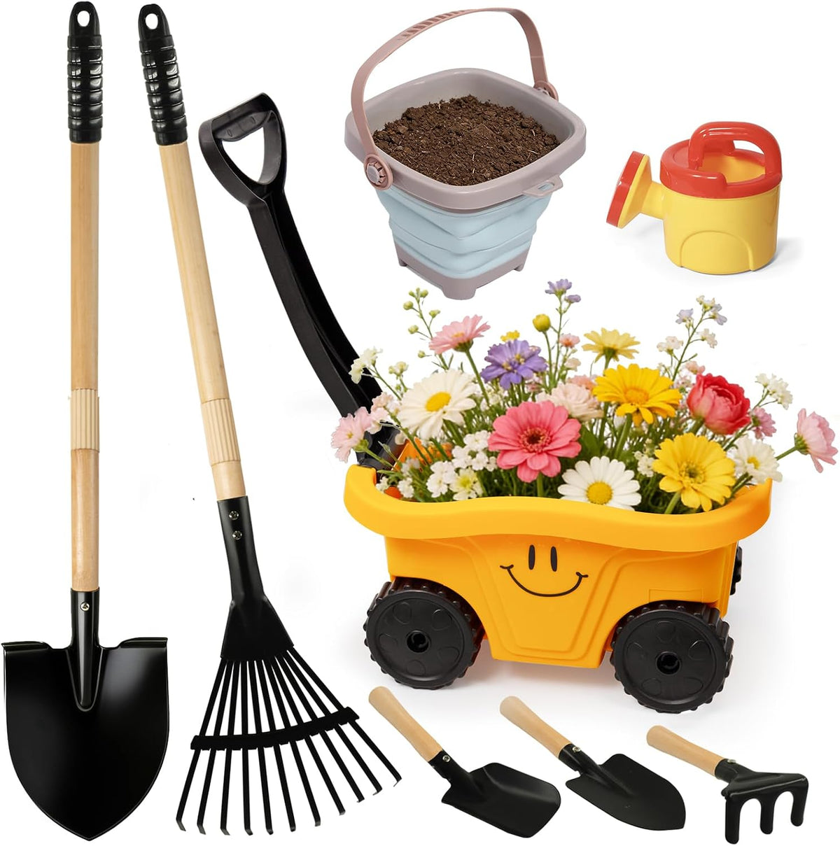 Kids Shovel, Rake for Leaves, Spade, Hoe and Broom, 5Pcs Kids Garden Tools, Gardening Yard Outdoor Toy Gifts for Boys Girls Age 3 4 5 6 7 8 Years Old