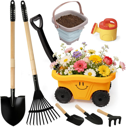 Kids Shovel, Rake for Leaves, Spade, Hoe and Broom, 5Pcs Kids Garden Tools, Gardening Yard Outdoor Toy Gifts for Boys Girls Age 3 4 5 6 7 8 Years Old