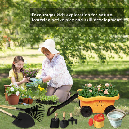 Kids Shovel, Rake for Leaves, Spade, Hoe and Broom, 5Pcs Kids Garden Tools, Gardening Yard Outdoor Toy Gifts for Boys Girls Age 3 4 5 6 7 8 Years Old