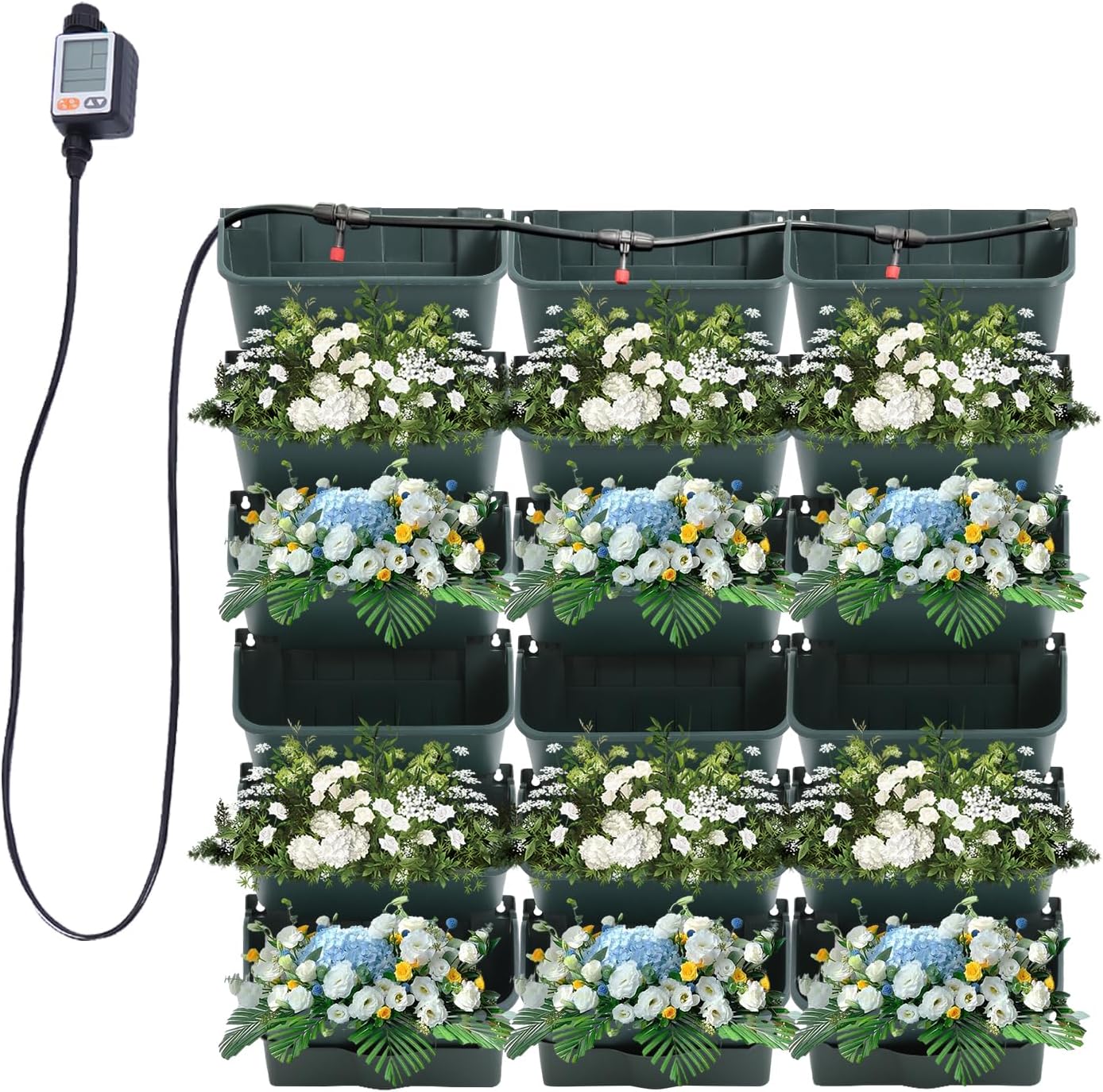 Self-Watering Wall-Mounted Planter, 18 Pots Wall Mounted Plastic Plant Grow Pot Vertical Garden Planter with Intelligent Control & Adjustable Irrigation System for Indoor Outdoor (Green, 18 Pots)