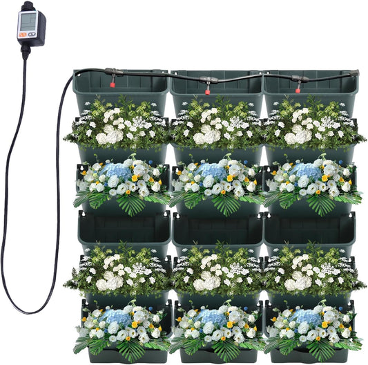 Self-Watering Wall-Mounted Planter, 18 Pots Wall Mounted Plastic Plant Grow Pot Vertical Garden Planter with Intelligent Control & Adjustable Irrigation System for Indoor Outdoor (Green, 18 Pots)