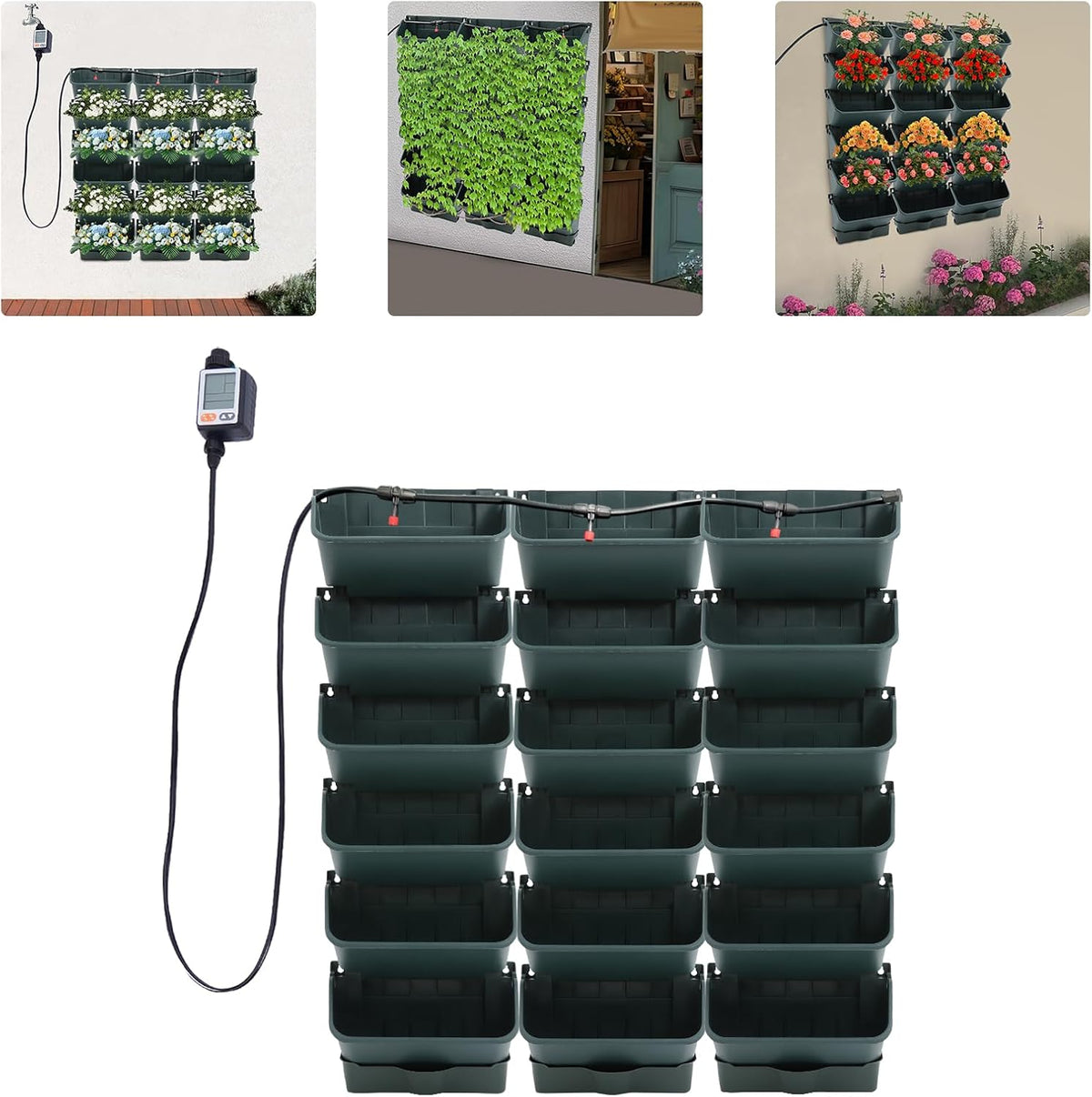 Self-Watering Wall-Mounted Planter, 18 Pots Wall Mounted Plastic Plant Grow Pot Vertical Garden Planter with Intelligent Control & Adjustable Irrigation System for Indoor Outdoor (Green, 18 Pots)