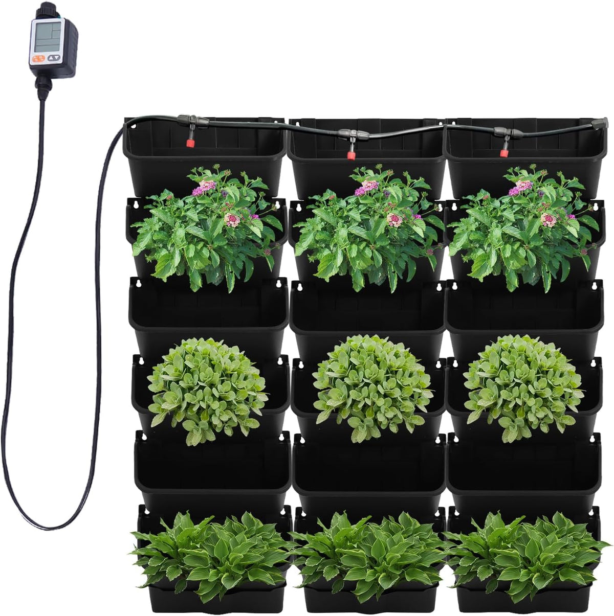 Self-Watering Wall-Mounted Planter, 18 Pots Wall Mounted Plastic Plant Grow Pot Vertical Garden Planter with Intelligent Control & Adjustable Irrigation System for Indoor Outdoor (Green, 18 Pots)