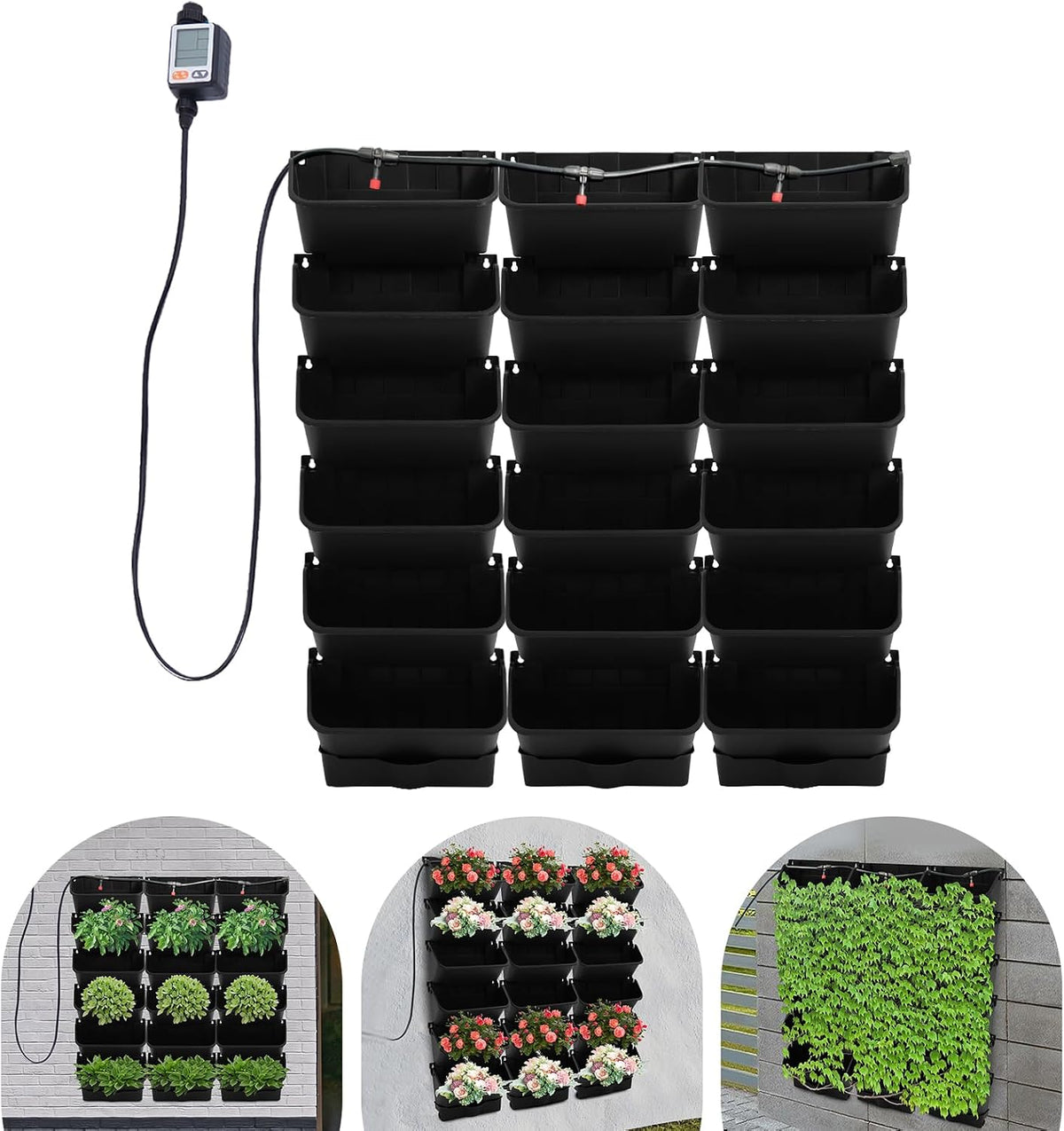 Self-Watering Wall-Mounted Planter, 18 Pots Wall Mounted Plastic Plant Grow Pot Vertical Garden Planter with Intelligent Control & Adjustable Irrigation System for Indoor Outdoor (Green, 18 Pots)
