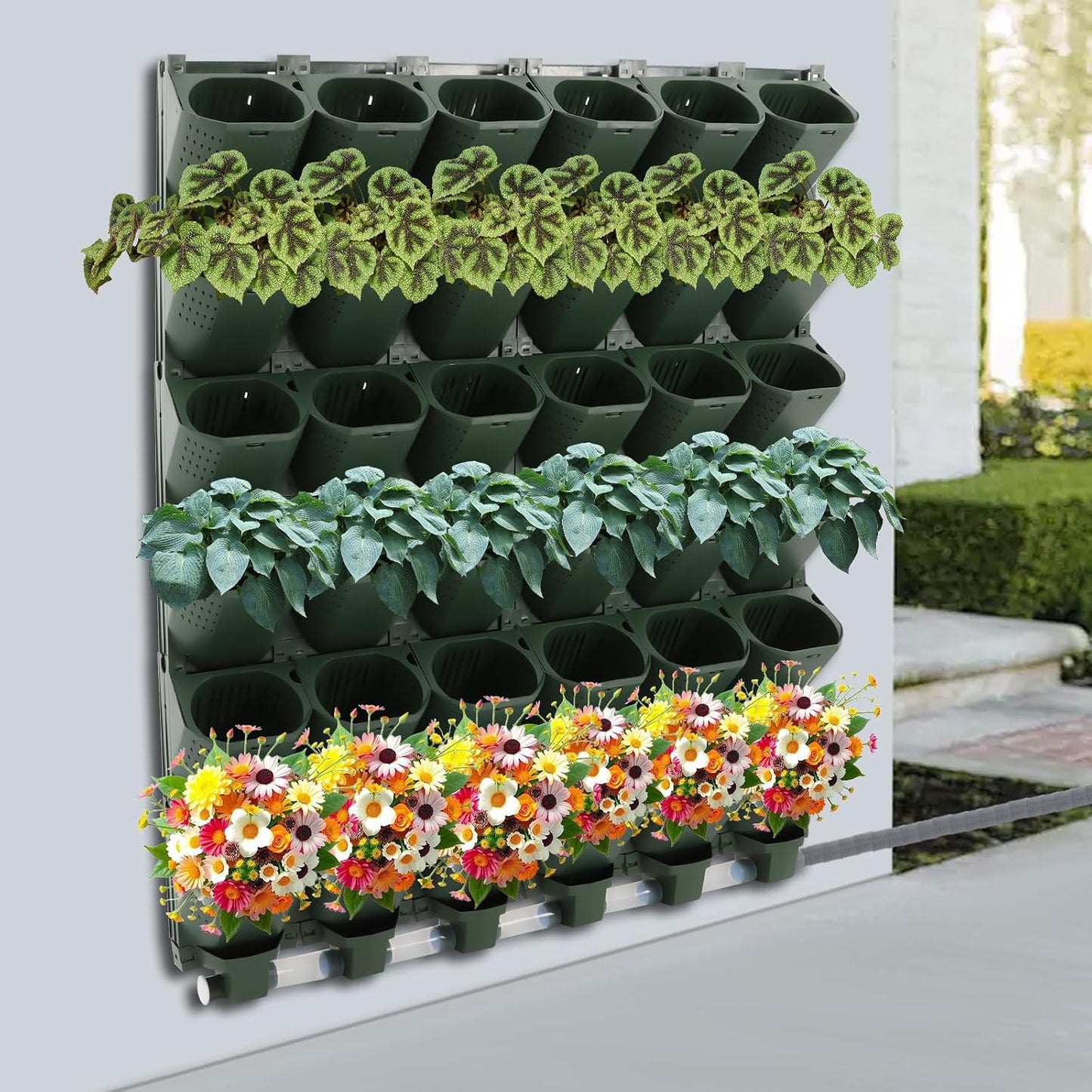 Self-Watering Wall-Mounted Planter, 18 Pots Wall Mounted Plastic Plant Grow Pot Vertical Garden Planter with Intelligent Control & Adjustable Irrigation System for Indoor Outdoor (Green, 18 Pots)