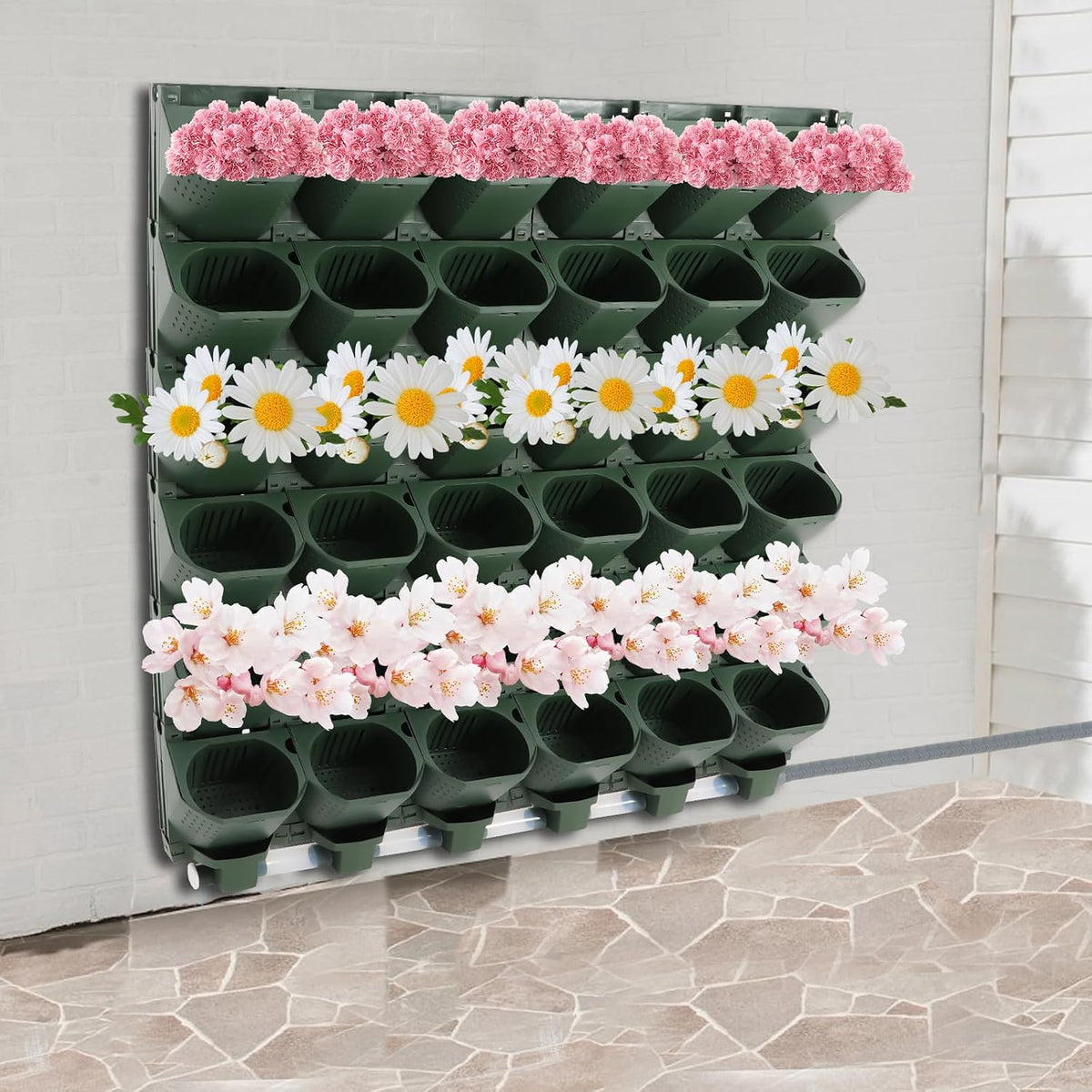 Self-Watering Wall-Mounted Planter, 18 Pots Wall Mounted Plastic Plant Grow Pot Vertical Garden Planter with Intelligent Control & Adjustable Irrigation System for Indoor Outdoor (Green, 18 Pots)