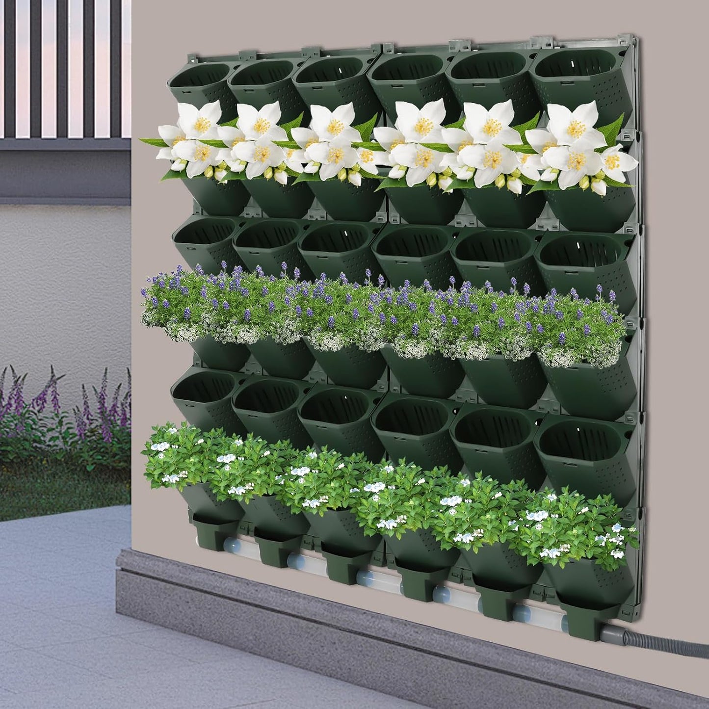Self-Watering Wall-Mounted Planter, 18 Pots Wall Mounted Plastic Plant Grow Pot Vertical Garden Planter with Intelligent Control & Adjustable Irrigation System for Indoor Outdoor (Green, 18 Pots)