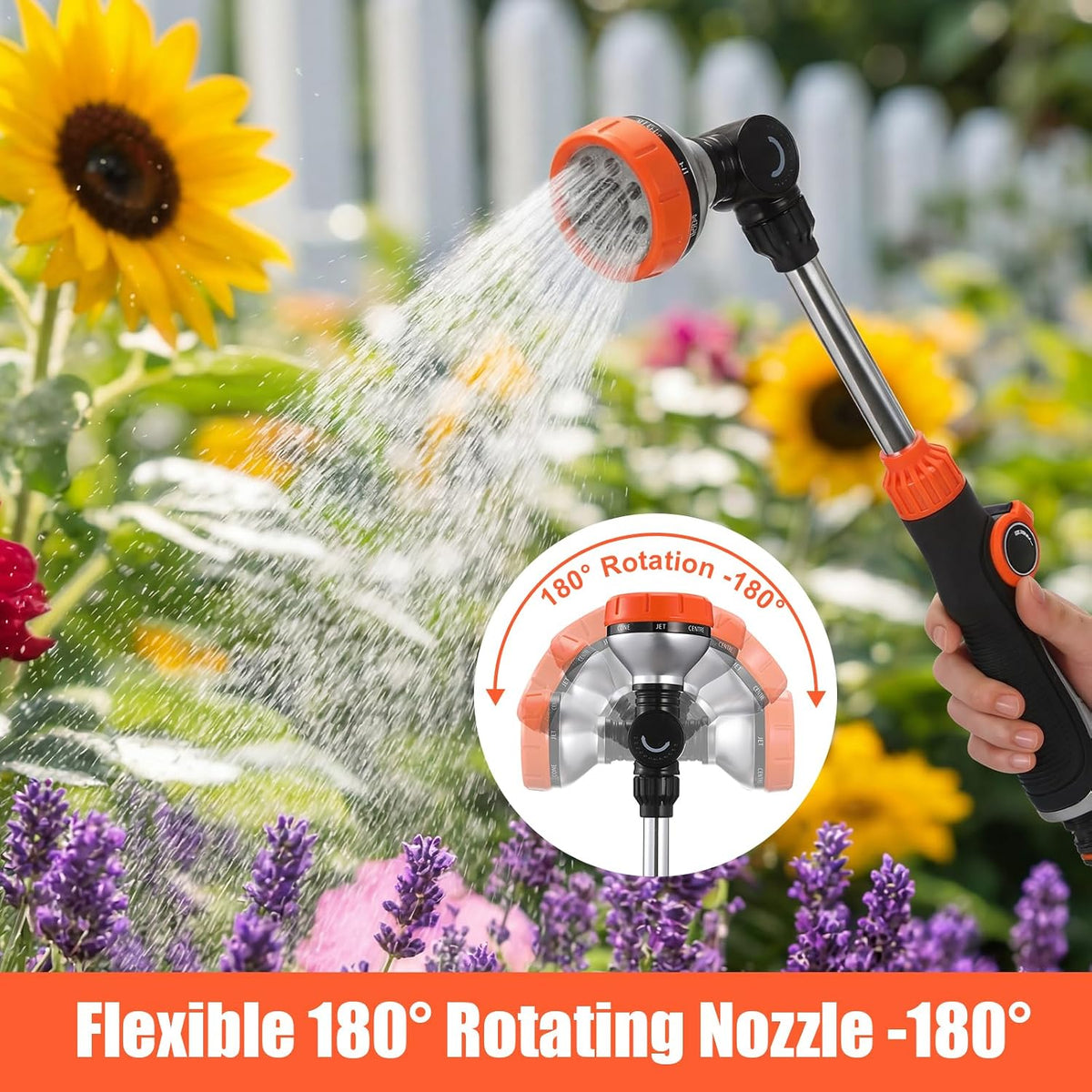 2 Pack 18.5" Metal Watering Wand, 180° Swivel Garden Hose Nozzle with 8 Spray Patterns, Water Hose Wand with Thumb Control, Heavy Duty Sprayer Nozzle for Hanging Baskets Shrubs Plants Car