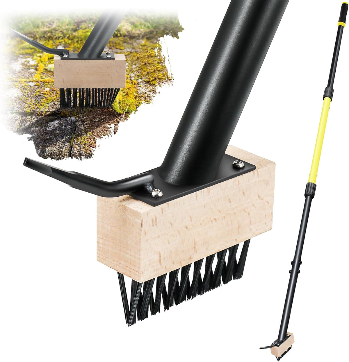 Weed Moss Remover Brush with 59'' Carbon Steel Long Handle, Heavy Duty Moss Removal Tool with Scraper, Metal Brush Weeder Tool for Driveway, Patio, Sidewalk, Paver