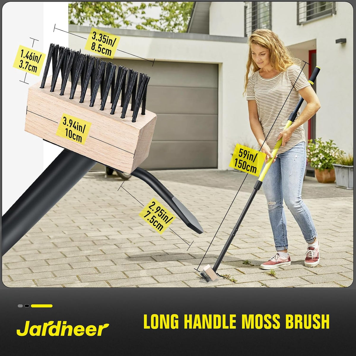 Weed Moss Remover Brush with 59'' Carbon Steel Long Handle, Heavy Duty Moss Removal Tool with Scraper, Metal Brush Weeder Tool for Driveway, Patio, Sidewalk, Paver
