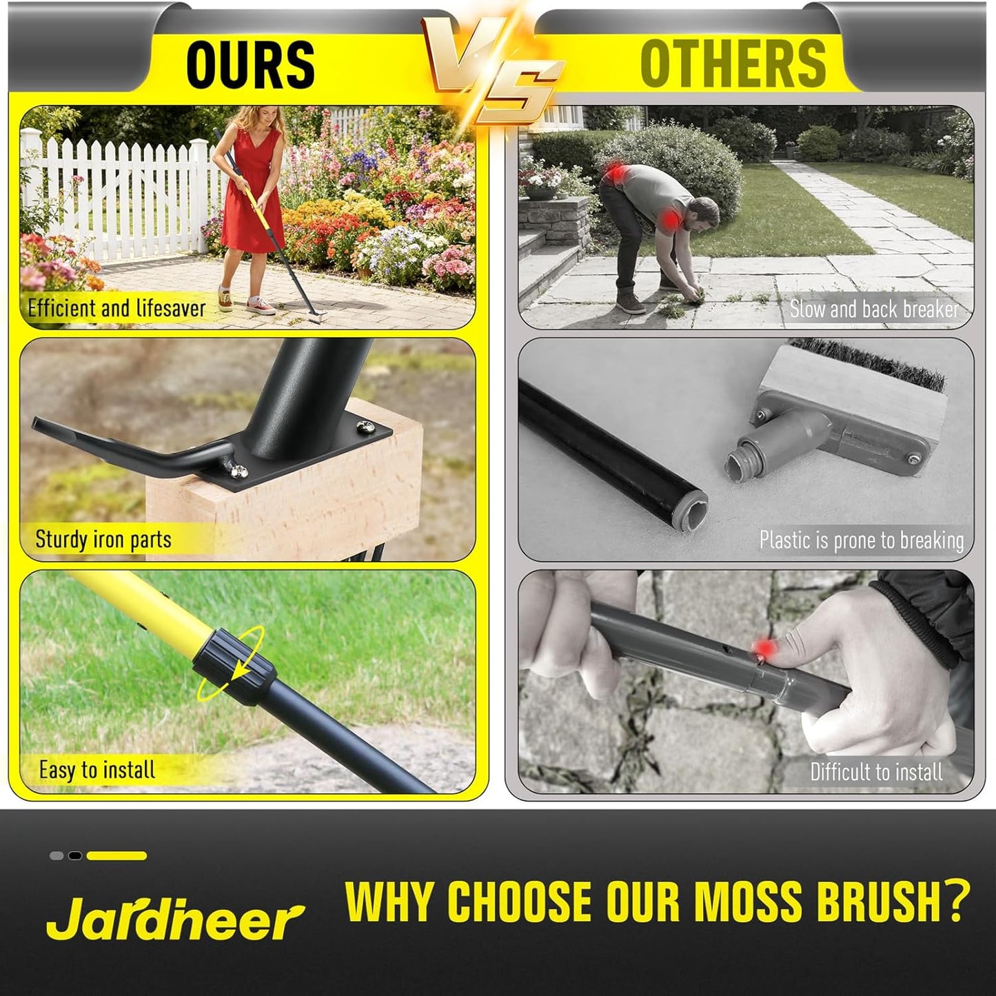 Weed Moss Remover Brush with 59'' Carbon Steel Long Handle, Heavy Duty Moss Removal Tool with Scraper, Metal Brush Weeder Tool for Driveway, Patio, Sidewalk, Paver