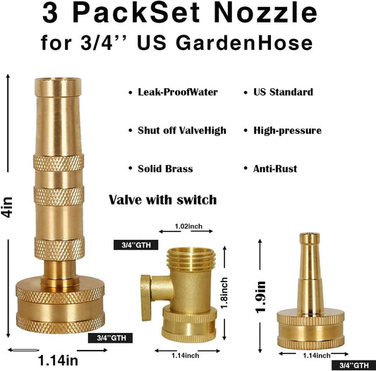 Heavy-Duty Brass Garden Hose Nozzle High Pressure 3 Pack Set with Adjustable Spray & Valve Control for Gardens, Lawns, Car Cleaning, and Patios Includes 3 Extra Anti-Leak Gaskets