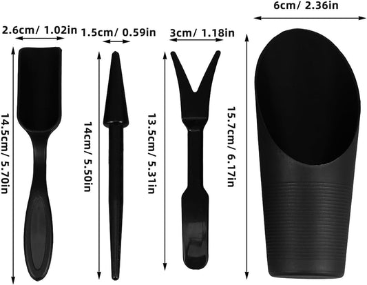 Succulent Gardening Tool Set with Transplant Dibber and Soil Scoop, Black Plastic Hand Trowel and Bucket for Indoor Planting and Flower Care