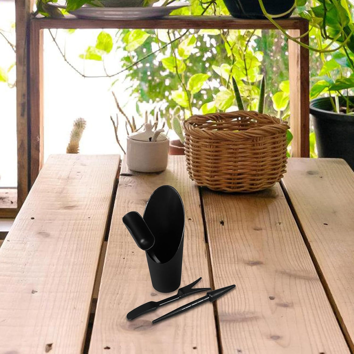 Succulent Gardening Tool Set with Transplant Dibber and Soil Scoop, Black Plastic Hand Trowel and Bucket for Indoor Planting and Flower Care