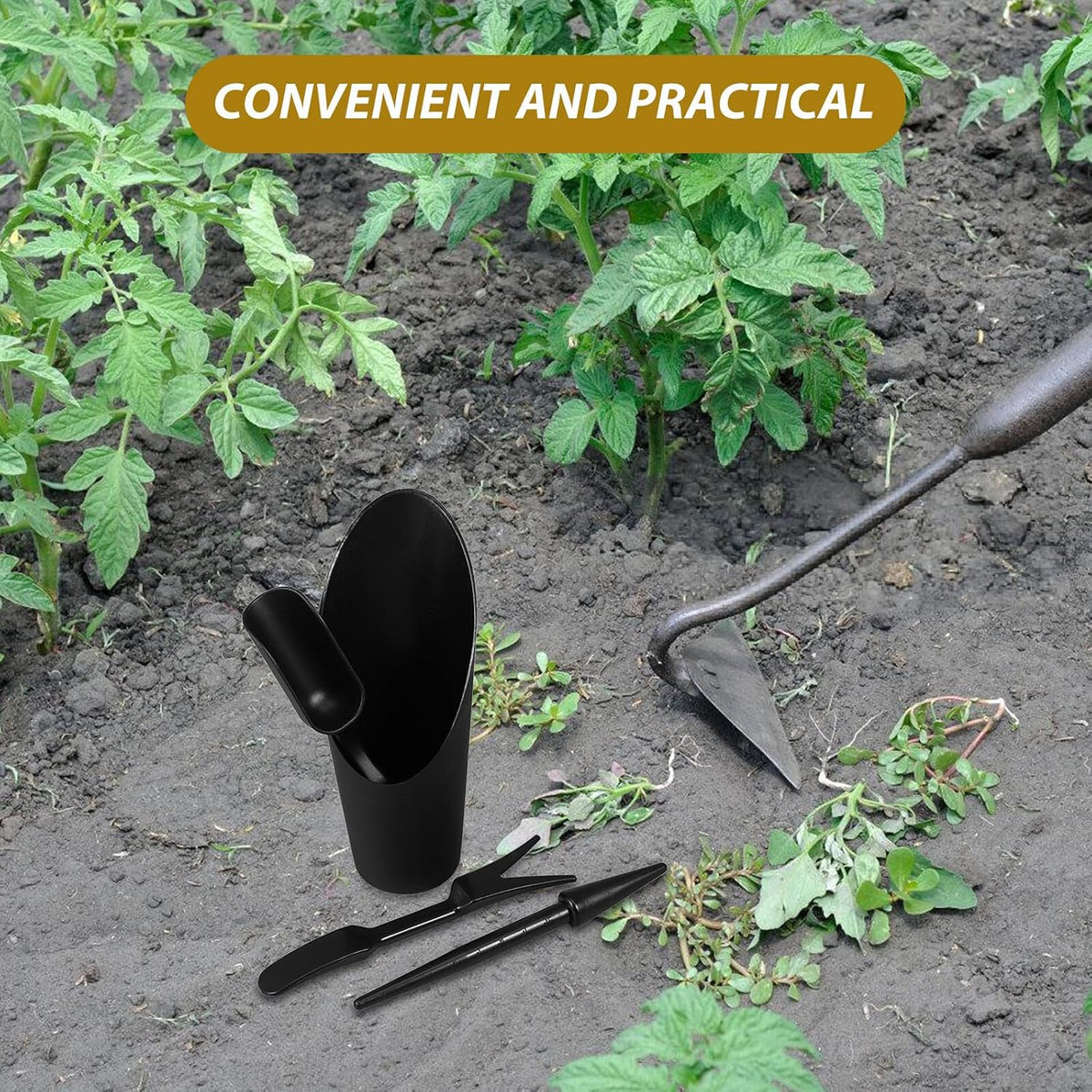 Succulent Gardening Tool Set with Transplant Dibber and Soil Scoop, Black Plastic Hand Trowel and Bucket for Indoor Planting and Flower Care