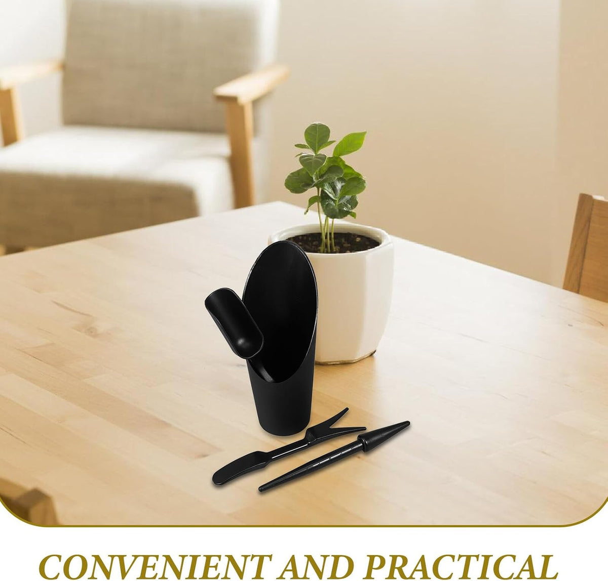 Succulent Gardening Tool Set with Transplant Dibber and Soil Scoop, Black Plastic Hand Trowel and Bucket for Indoor Planting and Flower Care