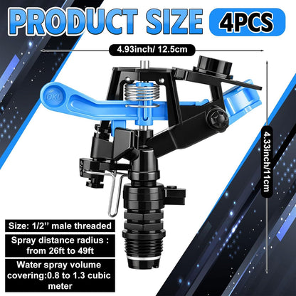 1/2 Inch Plastic Impact Sprinklers Heads Adjustable 0-360 Degree Pulsating Oscillating Watering Sprinkler Head for Garden Law Grass Yard Irrigation Supplies (4 Pieces)