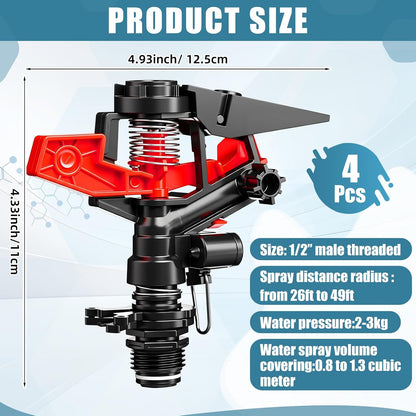 1/2 Inch Plastic Impact Sprinklers Heads Adjustable 0-360 Degree Pulsating Oscillating Watering Sprinkler Head for Garden Law Grass Yard Irrigation Supplies (4 Pieces)