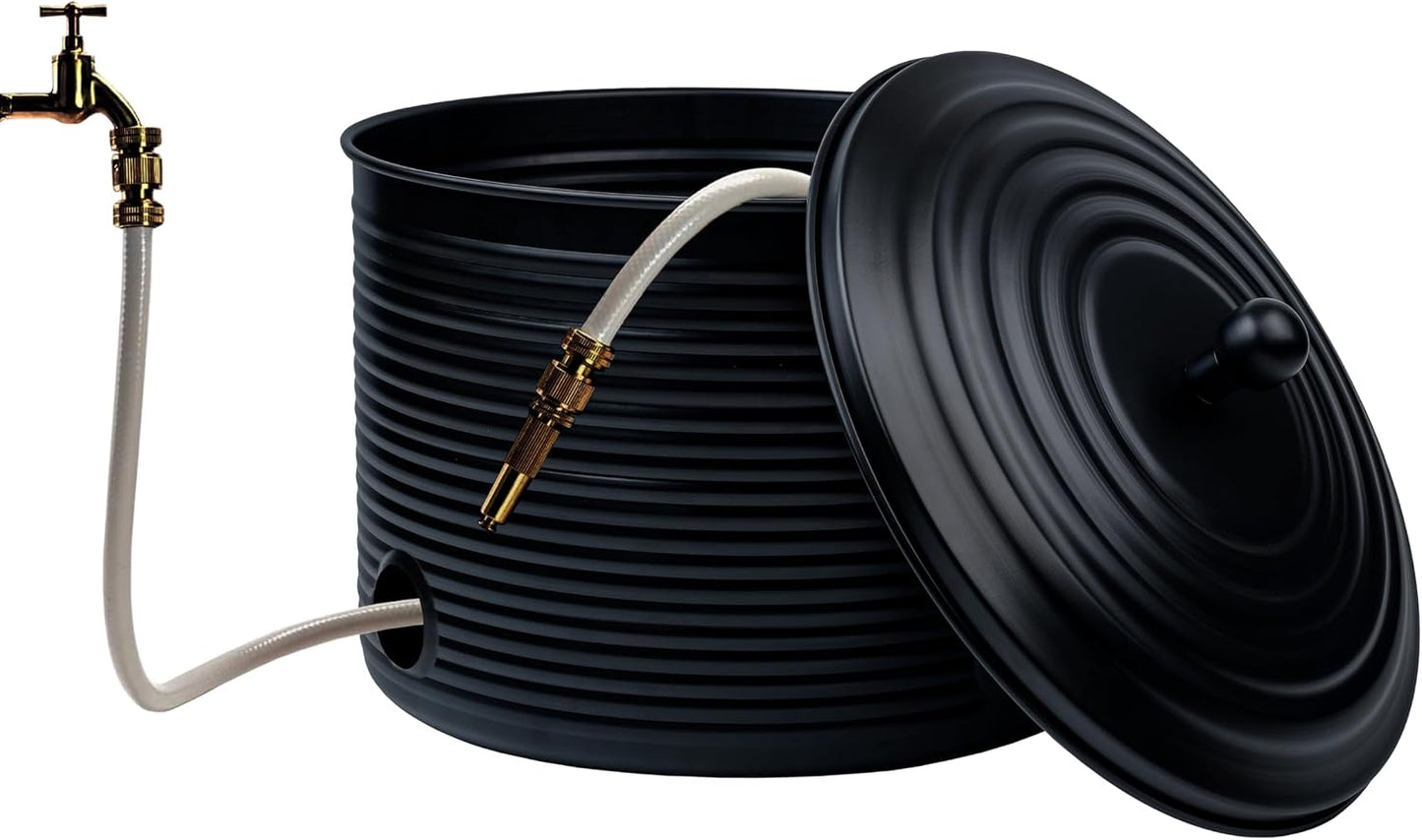 Garden Hose Holder Storage Pot with Lid Antique Ribbed | Water Hose Container Pot Outdoor or Indoor Use | Expandable Water Hose Hider Metal | Holds 125 ft Hose