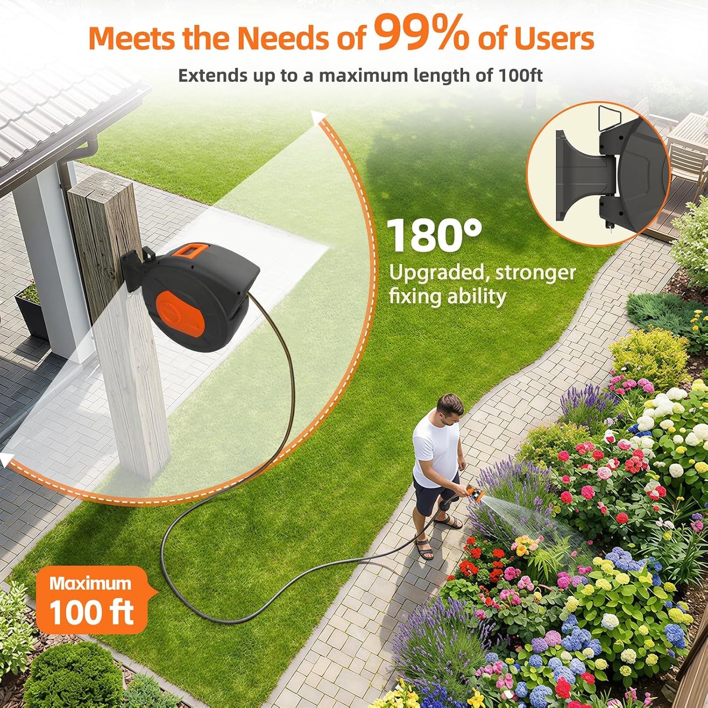 Retractable Garden Hose Reel 100 FT, 1/2" Heavy Duty Garden Hose