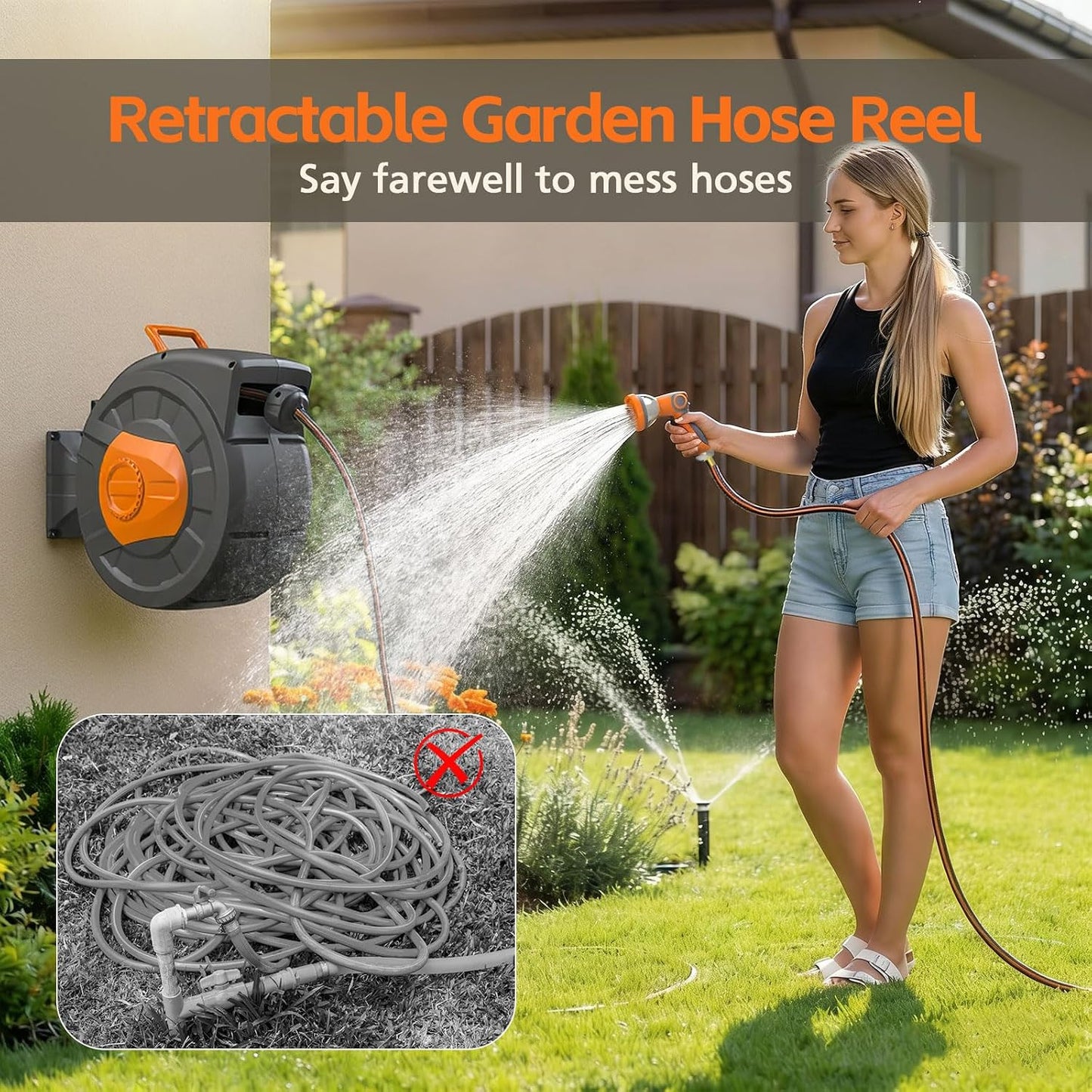 Retractable Garden Hose Reel 100 FT, 1/2" Heavy Duty Garden Hose
