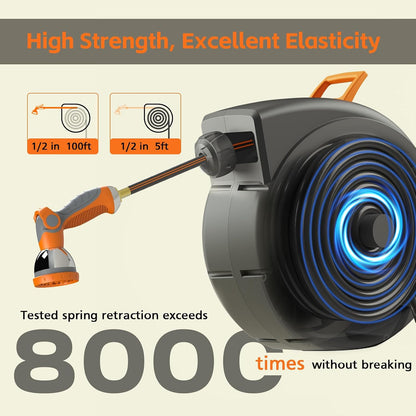 Retractable Garden Hose Reel 100 FT, 1/2" Heavy Duty Garden Hose