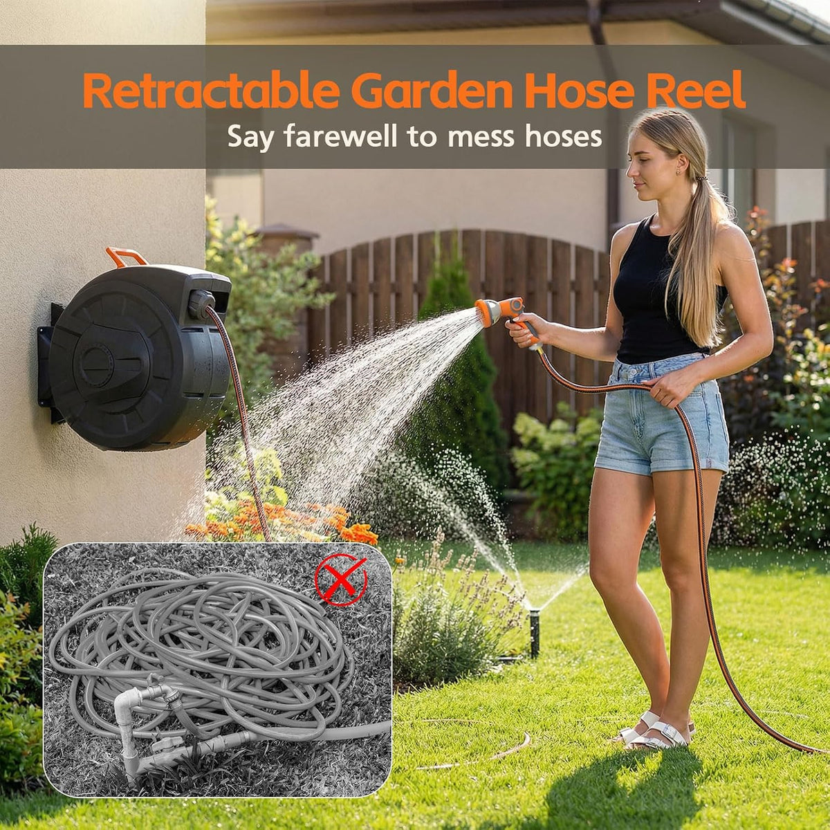 Retractable Garden Hose Reel 100 FT, 1/2" Heavy Duty Garden Hose