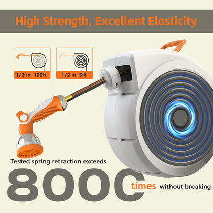 Retractable Garden Hose Reel 100 FT, 1/2" Heavy Duty Garden Hose