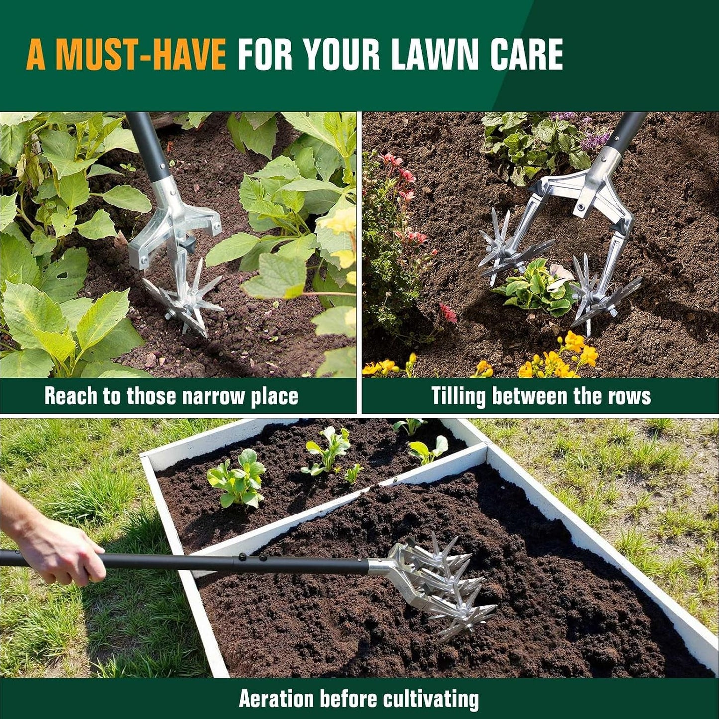 Rotary Cultivator Garden Tool for Gardening and Lawn(61''), Rotary Hand Tiller with Detachable Thicker Tines&Sturdy Steel Handle, Manual Tiller Cultivator for Soil or Reseeding Grass