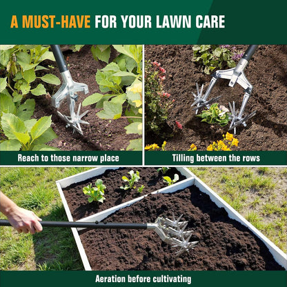 Rotary Cultivator Garden Tool for Gardening and Lawn(61''), Rotary Hand Tiller with Detachable Thicker Tines&Sturdy Steel Handle, Manual Tiller Cultivator for Soil or Reseeding Grass