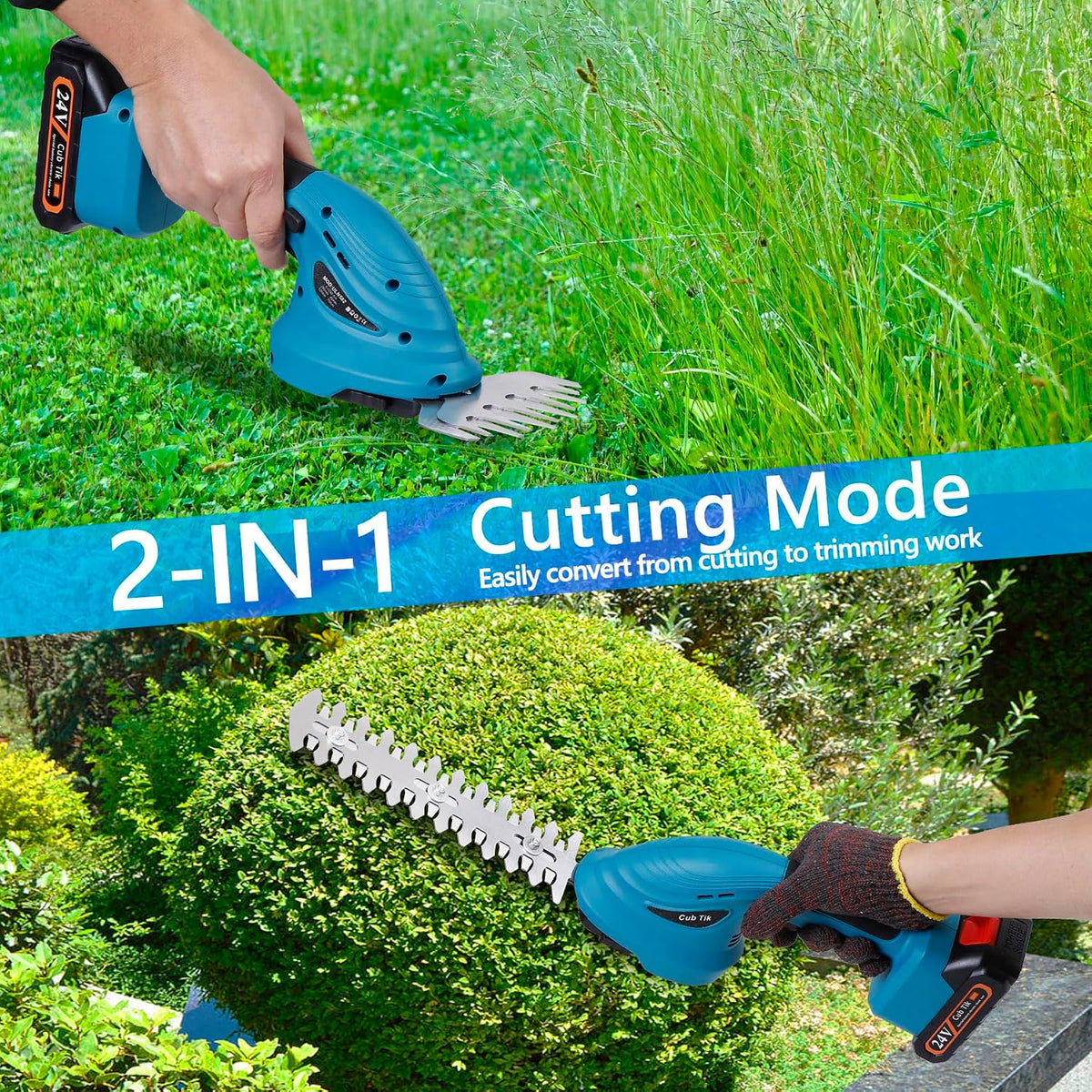 Hedge Trimmer Cordless with Battery and Charger 21V Electric Brush Grass Shrub Trimmer 2 in 1 Handheld Mini Grass Shears Grass Cutter Battery Powered Hedge Trimmer for Garden, Yard and Lawn (Blue)