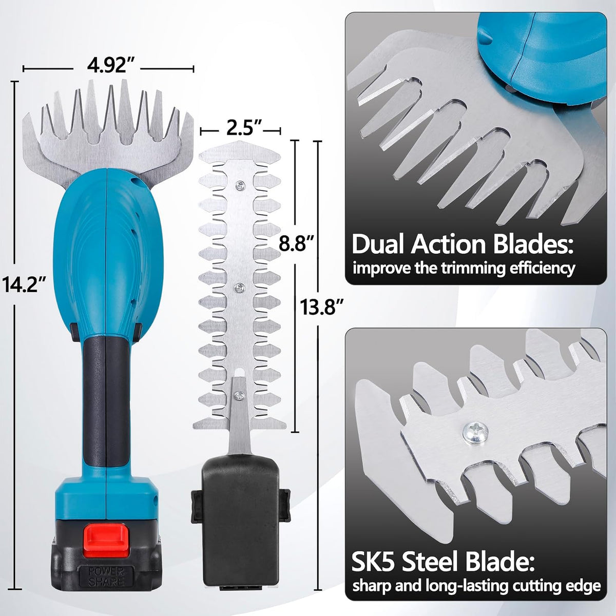 Hedge Trimmer Cordless with Battery and Charger 21V Electric Brush Grass Shrub Trimmer 2 in 1 Handheld Mini Grass Shears Grass Cutter Battery Powered Hedge Trimmer for Garden, Yard and Lawn (Blue)