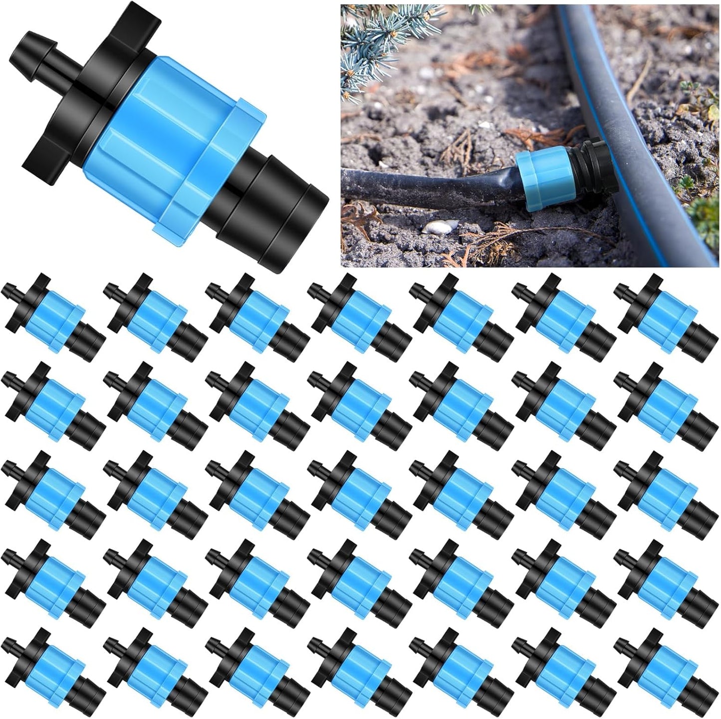 50 Pcs Drip Tape Connector Fittings 1/4" Barb to 5/8" Tubing, Blue