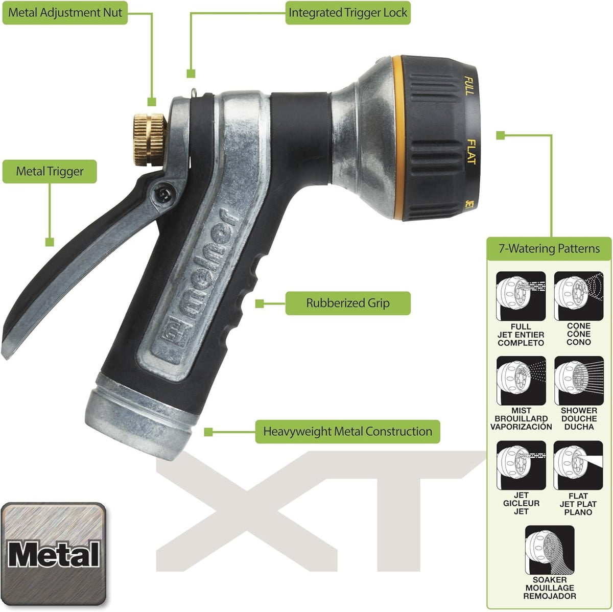 XT Metal 7-Pattern Hose Nozzle: Rear Trigger, Slip-Resistant Grip
