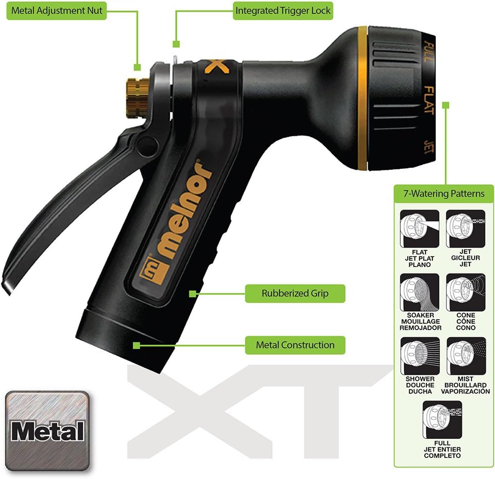 XT Metal 7-Pattern Hose Nozzle: Rear Trigger, Slip-Resistant Grip