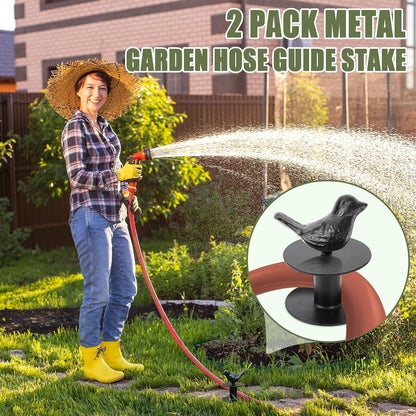 2 Pack Garden Hose Guide Stake Metal Spike 12 Inch Heavy Duty Hose Support Spike with Bird Design Protect for Outside Flower Beds Plant Yard Garden
