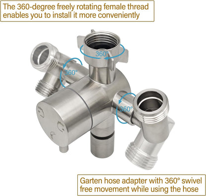 Stainless Steel Multi-Function Outdoor Faucet with Dual Garden Hose Adapter, Heavy Duty Outdoor Water Splitter with Extra Tap for Hand Washing, Bucket Filling (Dual Hose)