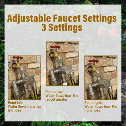 Stainless Steel Multi-Function Outdoor Faucet with Dual Garden Hose Adapter, Heavy Duty Outdoor Water Splitter with Extra Tap for Hand Washing, Bucket Filling (Dual Hose)