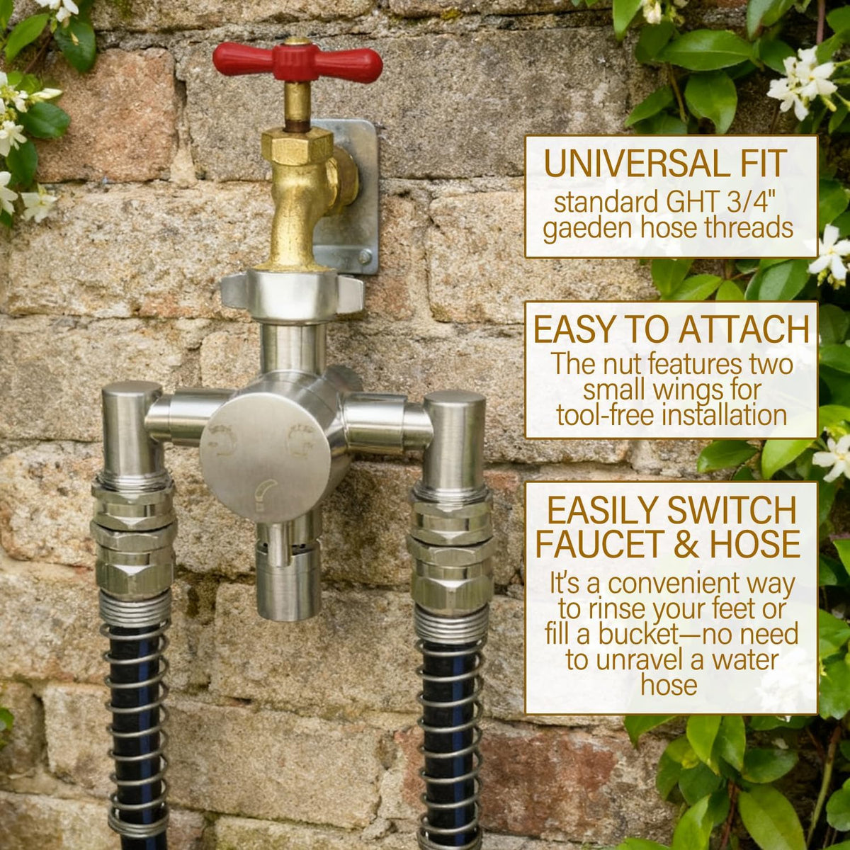 Stainless Steel Multi-Function Outdoor Faucet with Dual Garden Hose Adapter, Heavy Duty Outdoor Water Splitter with Extra Tap for Hand Washing, Bucket Filling (Dual Hose)