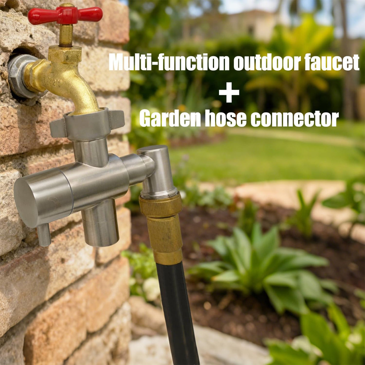 Stainless Steel Multi-Function Outdoor Faucet with Dual Garden Hose Adapter, Heavy Duty Outdoor Water Splitter with Extra Tap for Hand Washing, Bucket Filling (Dual Hose)