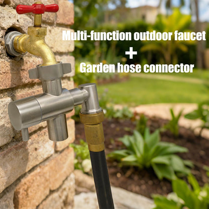 Stainless Steel Multi-Function Outdoor Faucet with Dual Garden Hose Adapter, Heavy Duty Outdoor Water Splitter with Extra Tap for Hand Washing, Bucket Filling (Dual Hose)