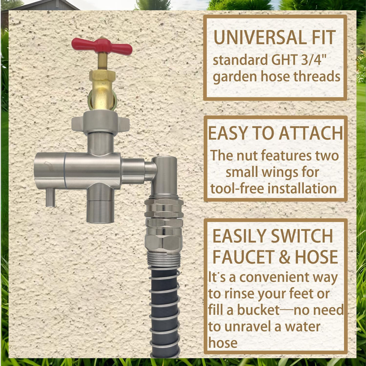 Stainless Steel Multi-Function Outdoor Faucet with Dual Garden Hose Adapter, Heavy Duty Outdoor Water Splitter with Extra Tap for Hand Washing, Bucket Filling (Dual Hose)