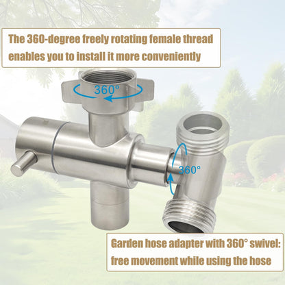 Stainless Steel Multi-Function Outdoor Faucet with Dual Garden Hose Adapter, Heavy Duty Outdoor Water Splitter with Extra Tap for Hand Washing, Bucket Filling (Dual Hose)